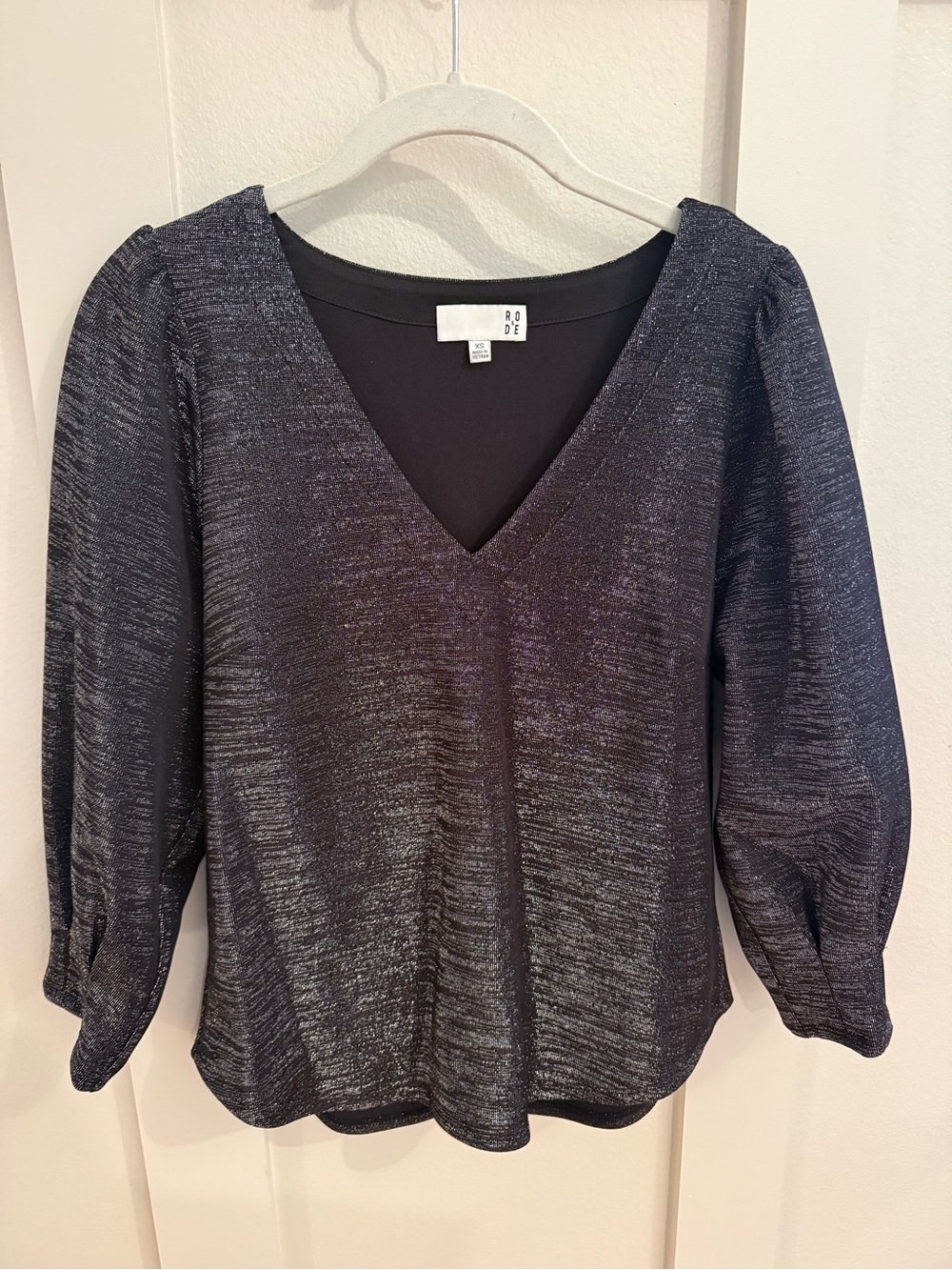Anthropologie Ro & De Black Metallic V-Neck Puff Sleeve Top XS